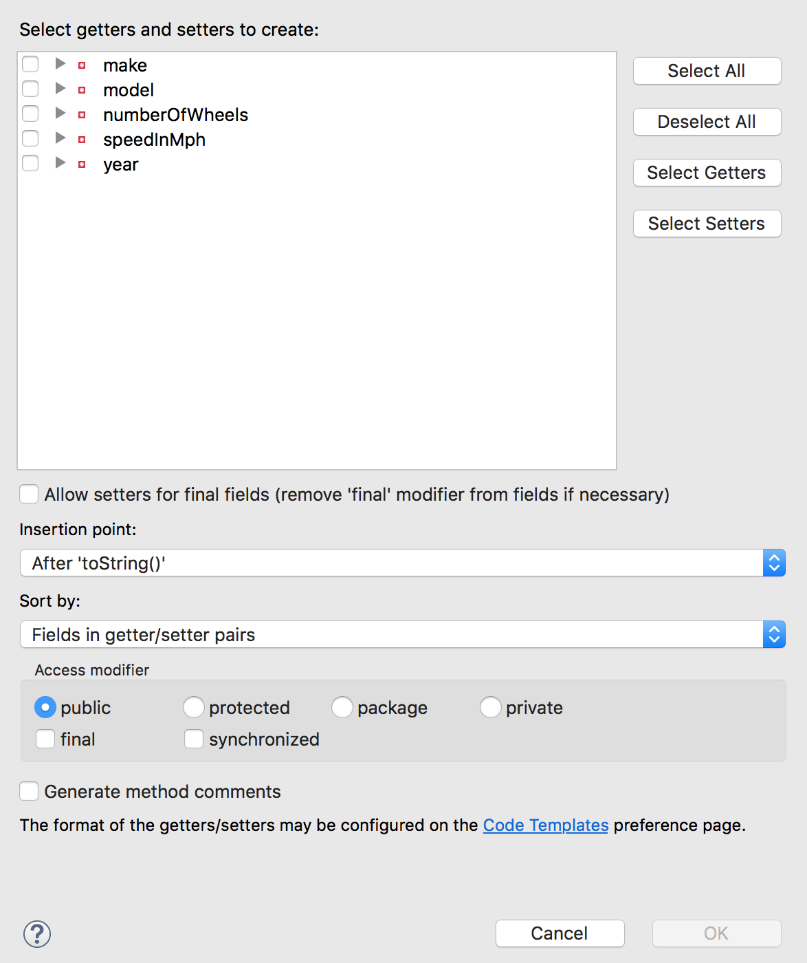 Generate getters and setters
